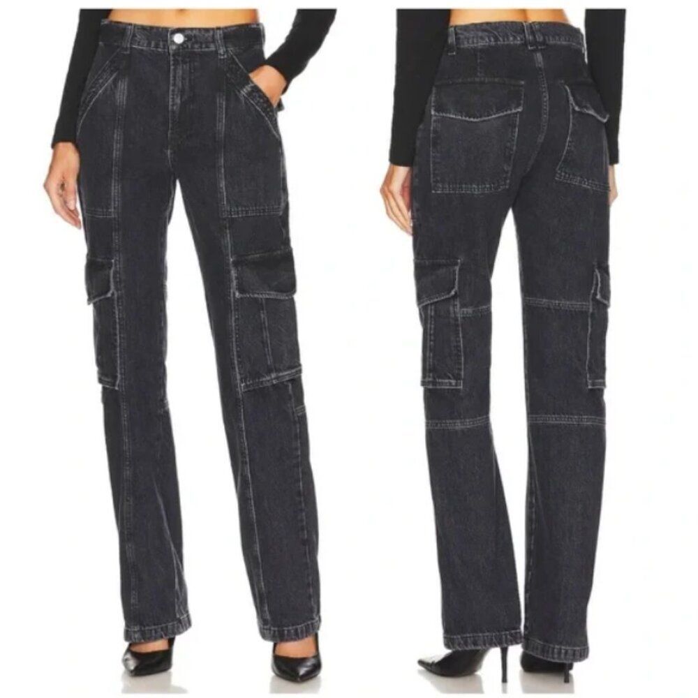 Frame High Rise Utility Straight Leg Cargo Jeans in Black Astray size 25 New